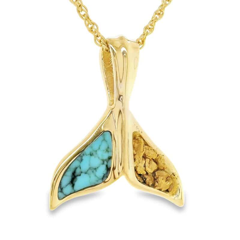 Gold Nugget Turquoise Whale Tail Pendant, Alaska Mint