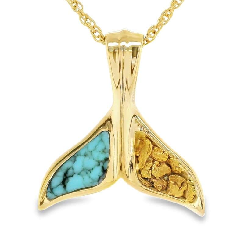 Gold Nugget Turquoise Whale Tail Pendant, Alaska Mint