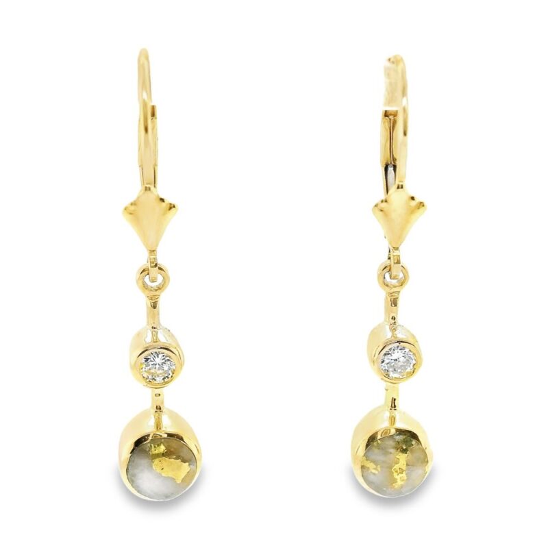 Gold Quartz Earrings Circle Shape Inlaid Diamonds, Alaska Mint