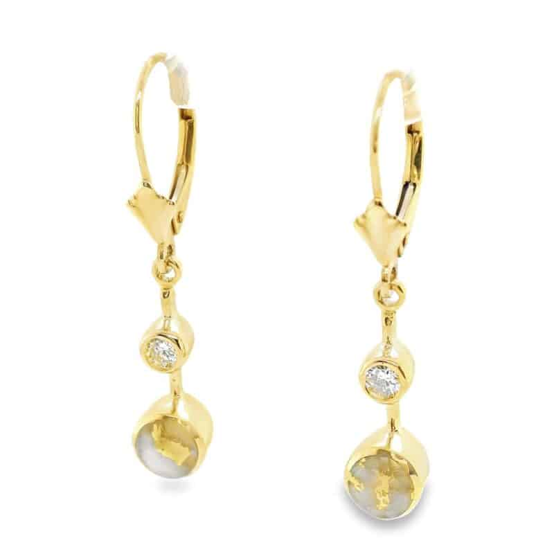 Gold Quartz Earrings Circle Shape Inlaid Diamonds, Alaska Mint