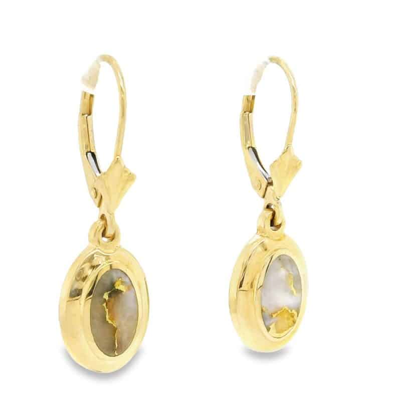 Gold Quartz Earrings Oval Inlaid Design Leverbacks, Alaska Mint