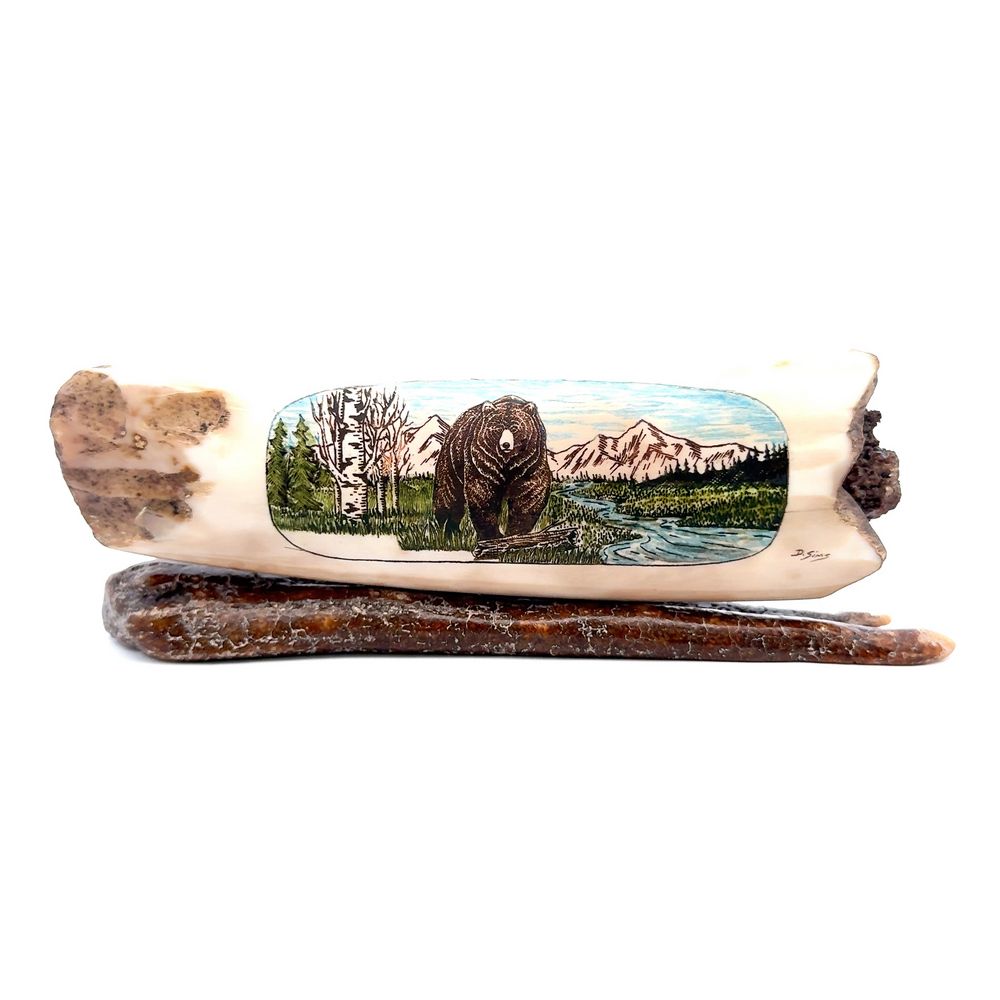 Lone Grizzly Bear Scrimshaw Artwork Fossil Ivory, Alaska Mint