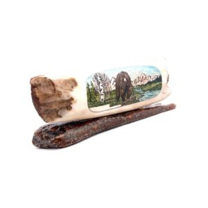 Lone Grizzly Bear Scrimshaw Artwork Fossil Ivory, Alaska Mint