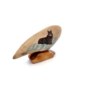 Laying Snow Wolf Scrimshaw Artwork Fossil Ivory, Alaska Mint