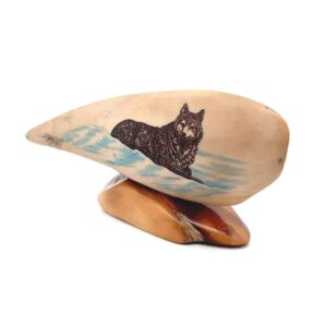 Laying Snow Wolf Scrimshaw Artwork Fossil Ivory, Alaska Mint