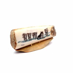 Laying Wolf Scrimshaw Artwork Fossil Ivory, Alaska Mint