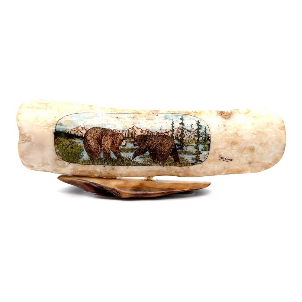 2 Grizzly Bear Scrimshaw Artwork Fossil Ivory, Alaska Mint