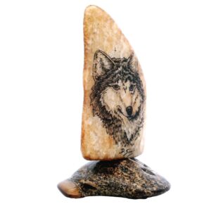 Wolf Head Scrimshaw Artwork Fossil Ivory, Alaska Mint