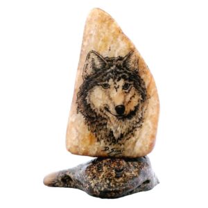 Wolf Head Scrimshaw Artwork Fossil Ivory, Alaska Mint