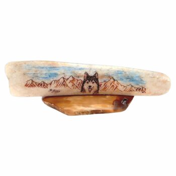 Wolf Landscape Scrimshaw Artwork Fossil Ivory, Alaska Mint