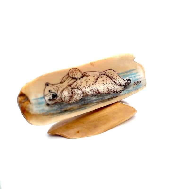 Floating Polar Bear Scrimshaw Artwork Fossil Ivory, Alaska Mint