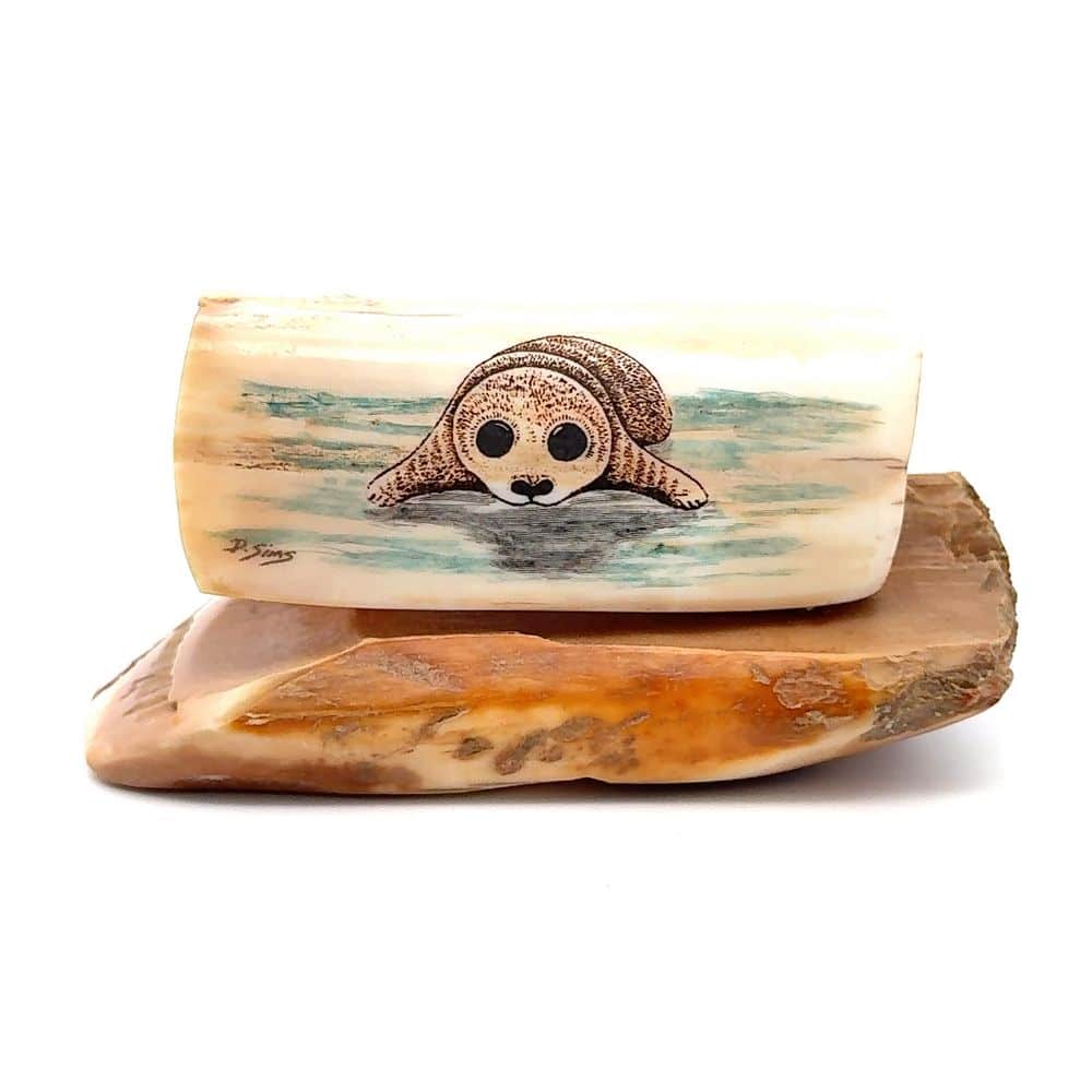 Baby Seal Scrimshaw Artwork Fossil Ivory, Alaska Mint