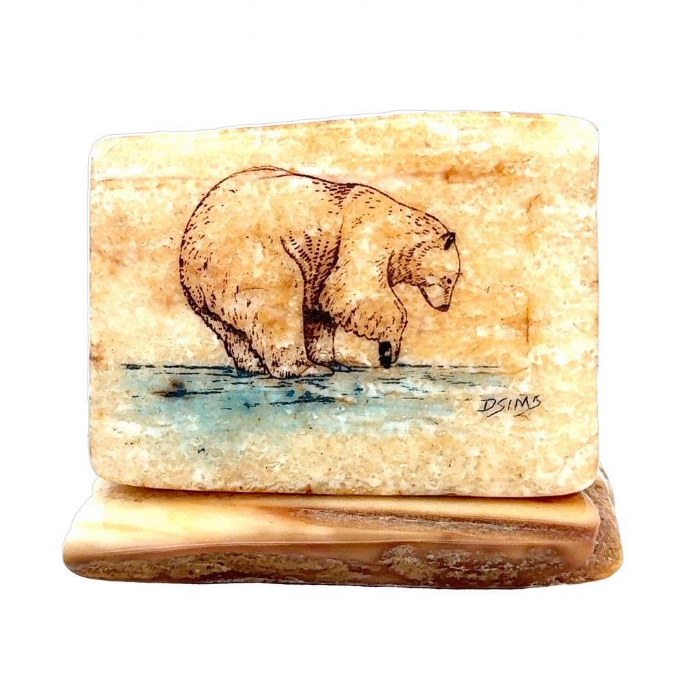 Wading Polar Bear Scrimshaw Artwork Fossil Ivory, Alaska Mint
