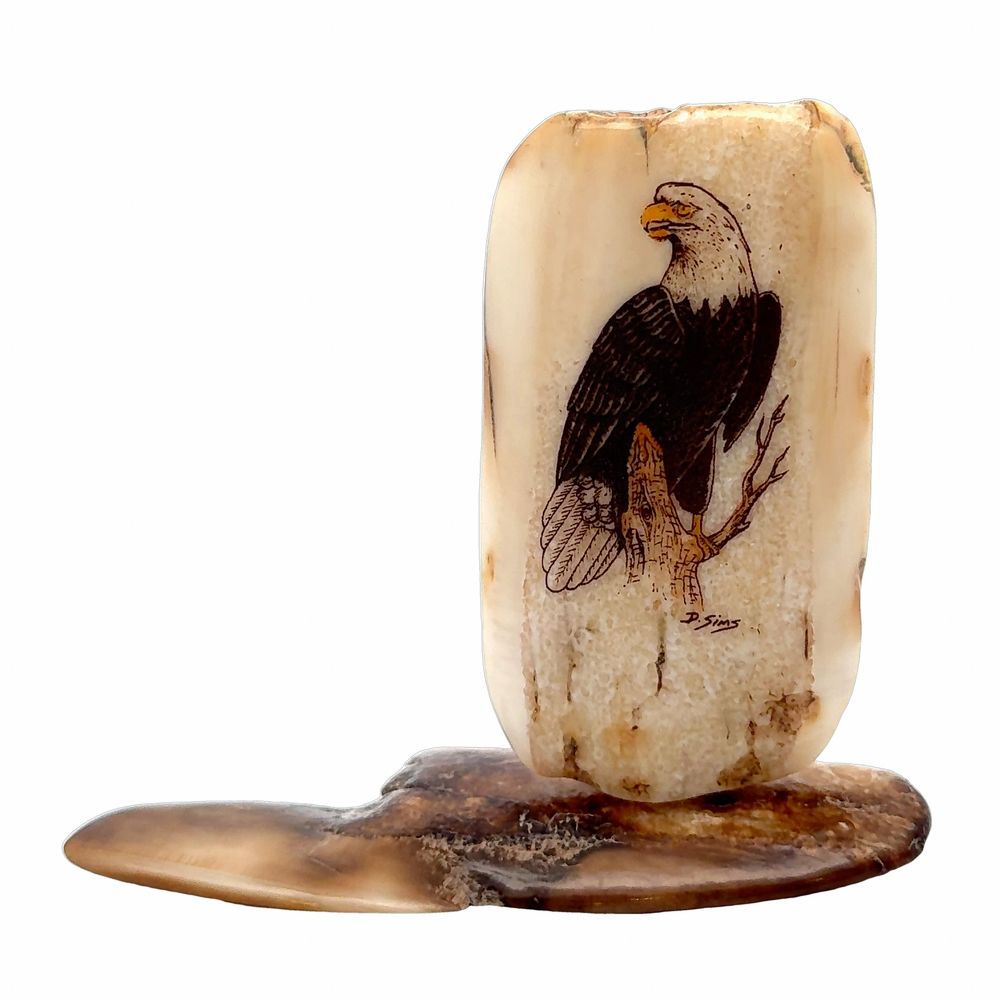 Perched Eagle Scrimshaw Artwork Fossil Ivory, Alaska Mint
