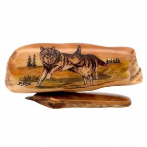 Running Wolf Scrimshaw Artwork Fossil Ivory, Alaska Mint