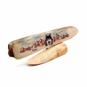 Wolf Landscape Scrimshaw Artwork Fossil Ivory, Alaska Mint