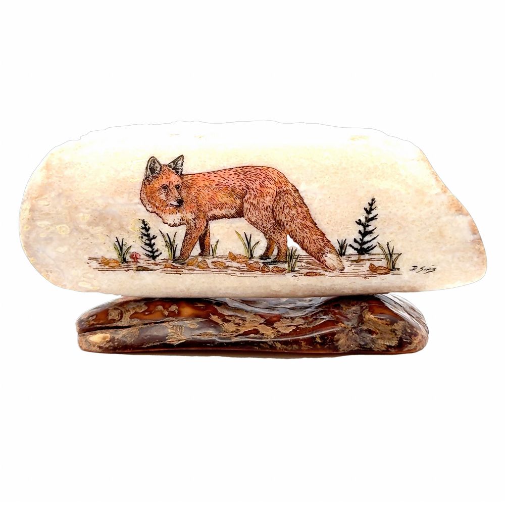 Lone Fox Scrimshaw Artwork Fossil Ivory, Alaska Mint