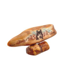 Mountain Wolf Scrimshaw Artwork Fossil Ivory, Alaska Mint