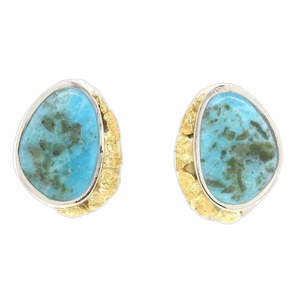 White Gold Turquoise Gold Nugget Earrings, Alaska Mint