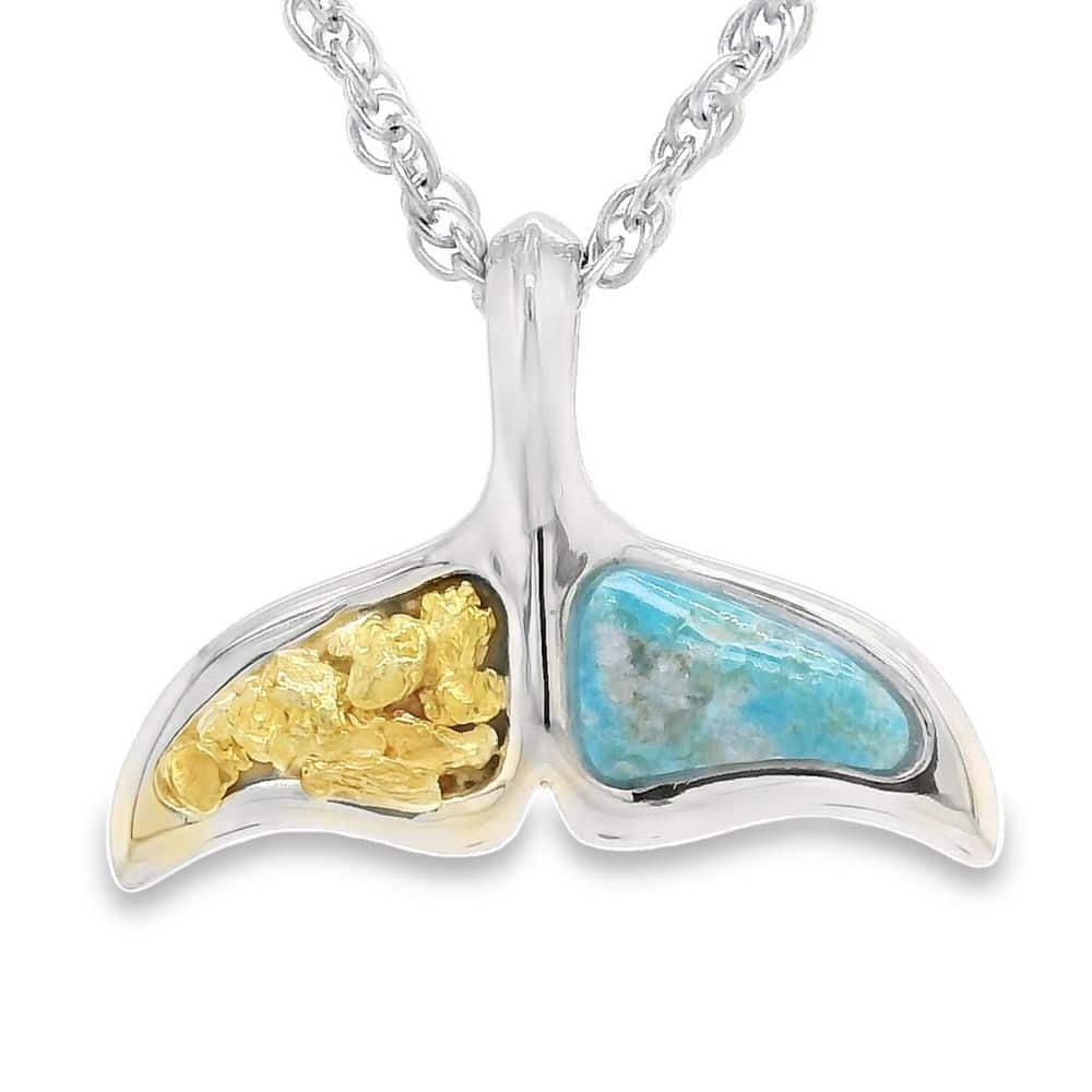 Turquoise Whale Tail Gold Nugget Pendant, Alaska Mint
