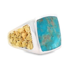 Square Turquoise Gold Nugget Silver Ring, Alaska Mint