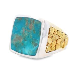 Square Turquoise Gold Nugget Silver Ring, Alaska Mint