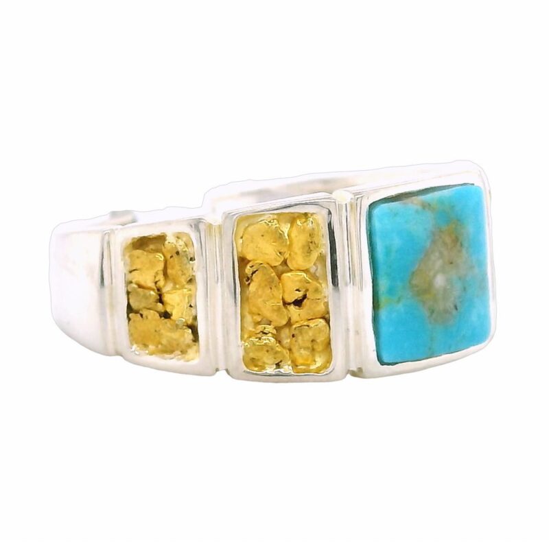 Square Turquoise Gold Nugget Silver Ring, Alaska Mint