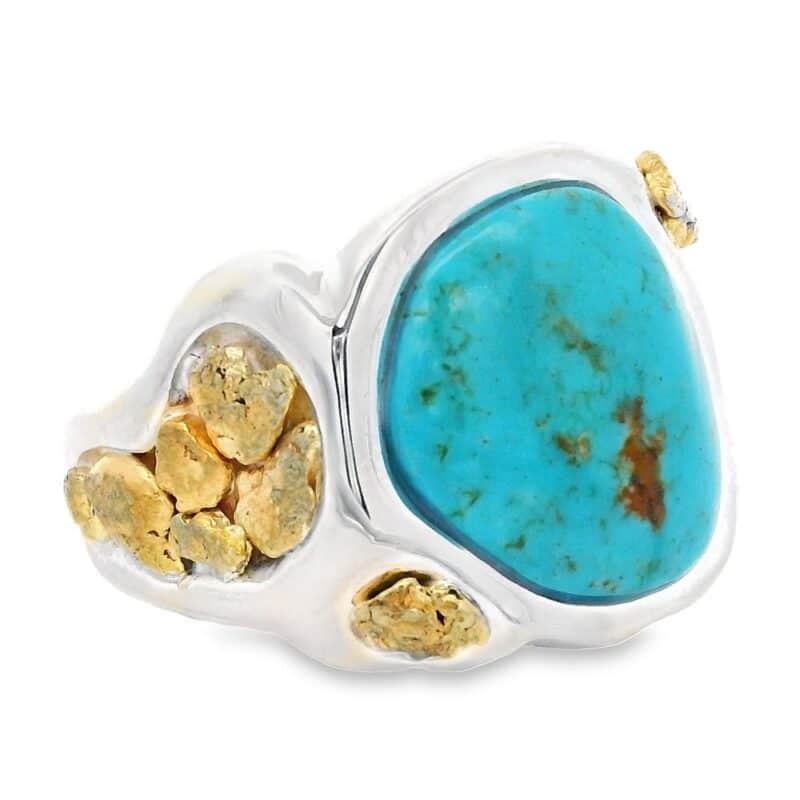 Round Turquoise Gold Nugget Silver Ring, Alaska Mint