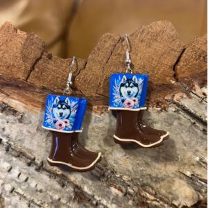 Blue Husky Mini Boot Clay Earrings, Alaska Mint