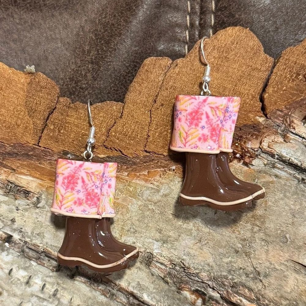 Pink Fireweed Boot Clay Earrings, Alaska Mint