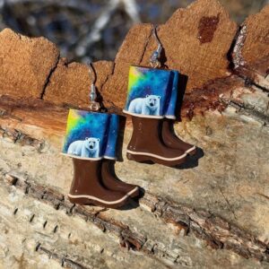 Watercolor Bear Boot Clay Earrings, Alaska Mint