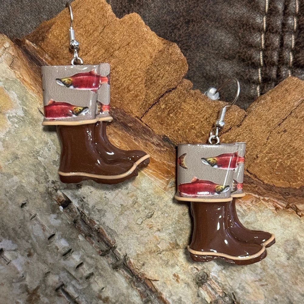 Spawning Salmon Boot Clay Earrings, Alaska Mint