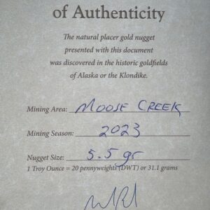 Certificate of Authenticity, 5.5 Gram Natural Gold Nugget from Moose Creek Alaska, Alaska Mint