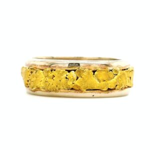 White Gold Men's Ring with Gold Nugget, Alaska Mint
