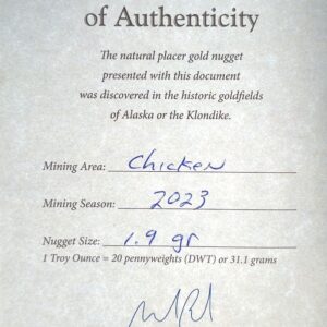 Certificate of Authenticity, 1.9 Gram Natural Gold Nugget from Chicken Alaska, Alaska Mint