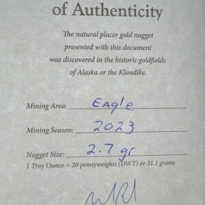 Certificate of Authenticity, 2.7 Gram Natural Gold Nugget from Eagle Alaska, Alaska Mint