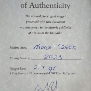 Certificate of Authenticity, 2.7 Gram Natural Gold Nugget from Moose Creek Alaska, Alaska Mint