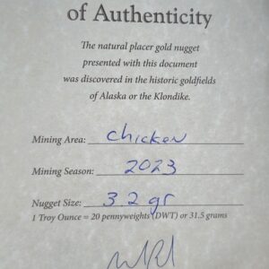 Certificate of Authenticity, 3.2 Gram Natural Gold Nugget from Chicken Alaska, Alaska Mint