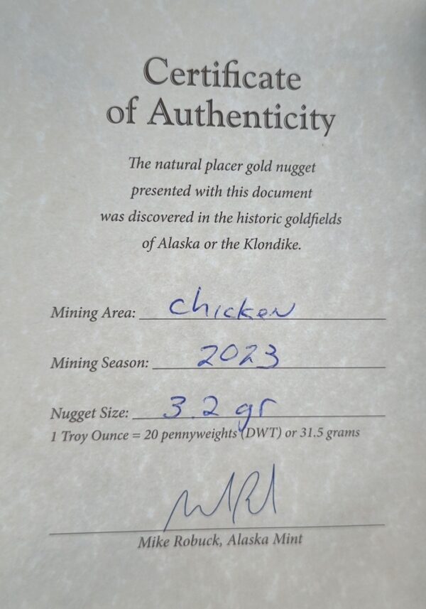 3.2 Gram Natural Gold Nugget from Chicken, Alaska - Alaska Mint
