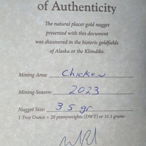 Certificate of Authenticity, 3.5 Gram Natural Gold Nugget from Chicken Alaska, Alaska Mint