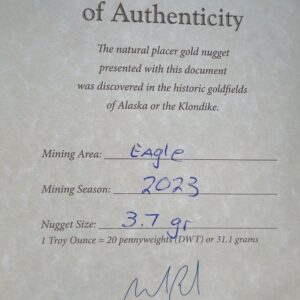 Certificate of Authenticity, 3.7 Gram Natural Gold Nugget from Eagle Alaska