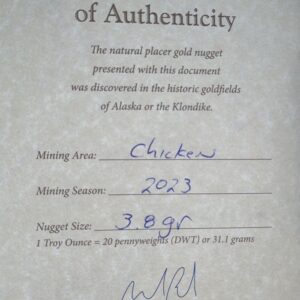 Certificate of Authenticity, 3.8 Gram Natural Gold Nugget from Chicken Alaska, Alaska Mint