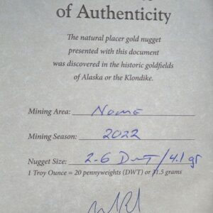 Certificate of Authenticity, 4.1 Gram Natural Gold Nugget from Nome Alaska, Alaska Mint