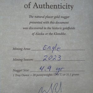 Certificate of Authenticity, 4.9 Gram Natural Gold Nugget from Eagle Alaska, Alaska Mint