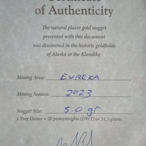 Certificate of Authenticity, 5.0 Gram Natural Gold Nugget from Eureka Alaska, Alaska Mint