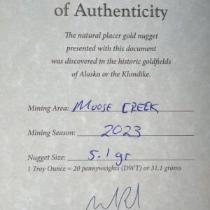 Certificate of Authenticity, 5.1 Gram Natural Gold Nugget from Moose Creek Alaska, Alaska Mint
