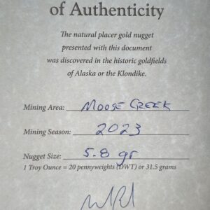 Certificate of Authenticity, 5.8 Gram Natural Gold Nugget from Moose Creek Alaska, Alaska Mint