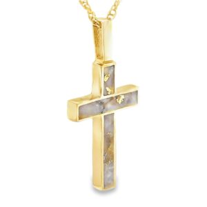 Gold Quartz Cross 3 Section Inlaid Pendant, Alaska Mint