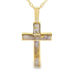 Gold Quartz Cross 3 Section Inlaid Pendant, Alaska Mint