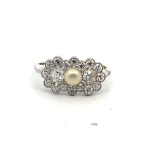 Estate Pearl & Diamond Ring in Platinum